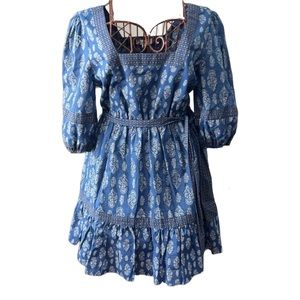 A Loves A Block Print Prairie Mini Dress Blue Size Small